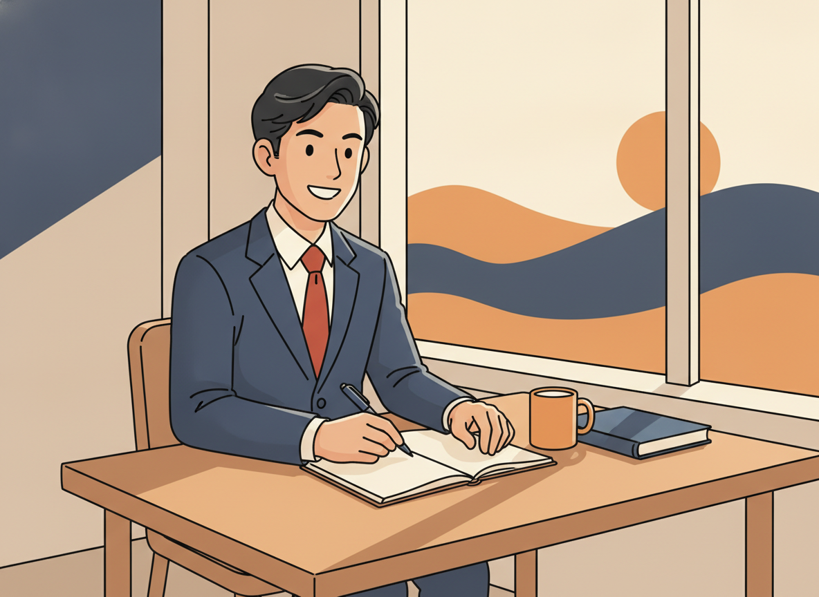 a person writing in a notebook at a desk by a window in morning light, no text visible
