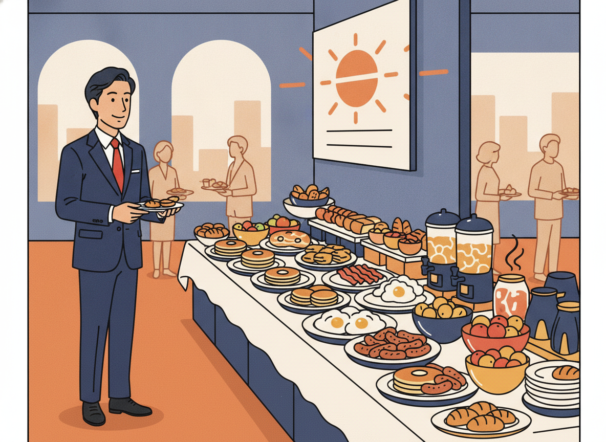 body image 3 – 朝のホテルの朝食会場・バイキング形式の豊富な料理が並ぶ写真