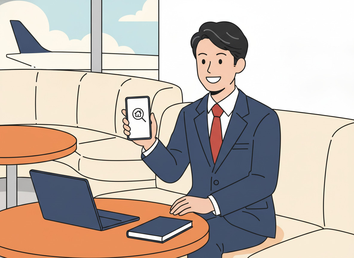 body image 22 – 出張経営者がスマートフォンでホテル検索している空港ラウンジのシーン