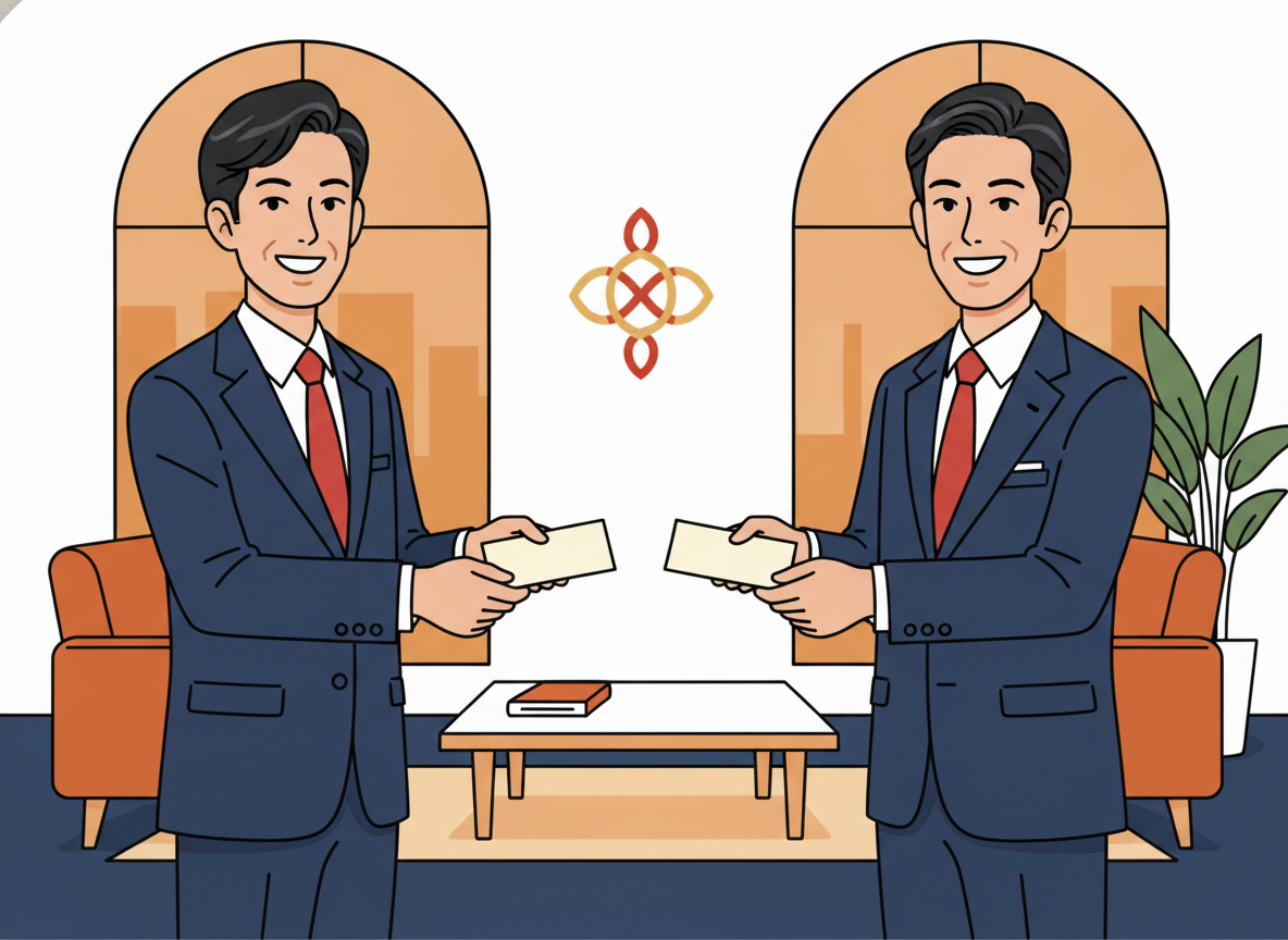 body image 23 – 経営者同士がホテルのロビーで笑顔で名刺交換しているシーン