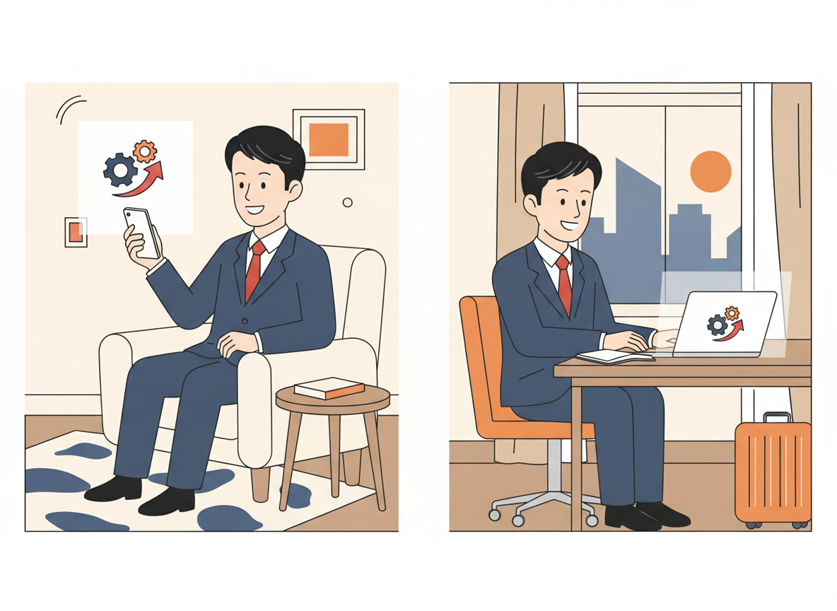 body image 24 – WOBSのオンライン受講画面・経営者が自宅やホテルでスマートフォン・PCで受講し