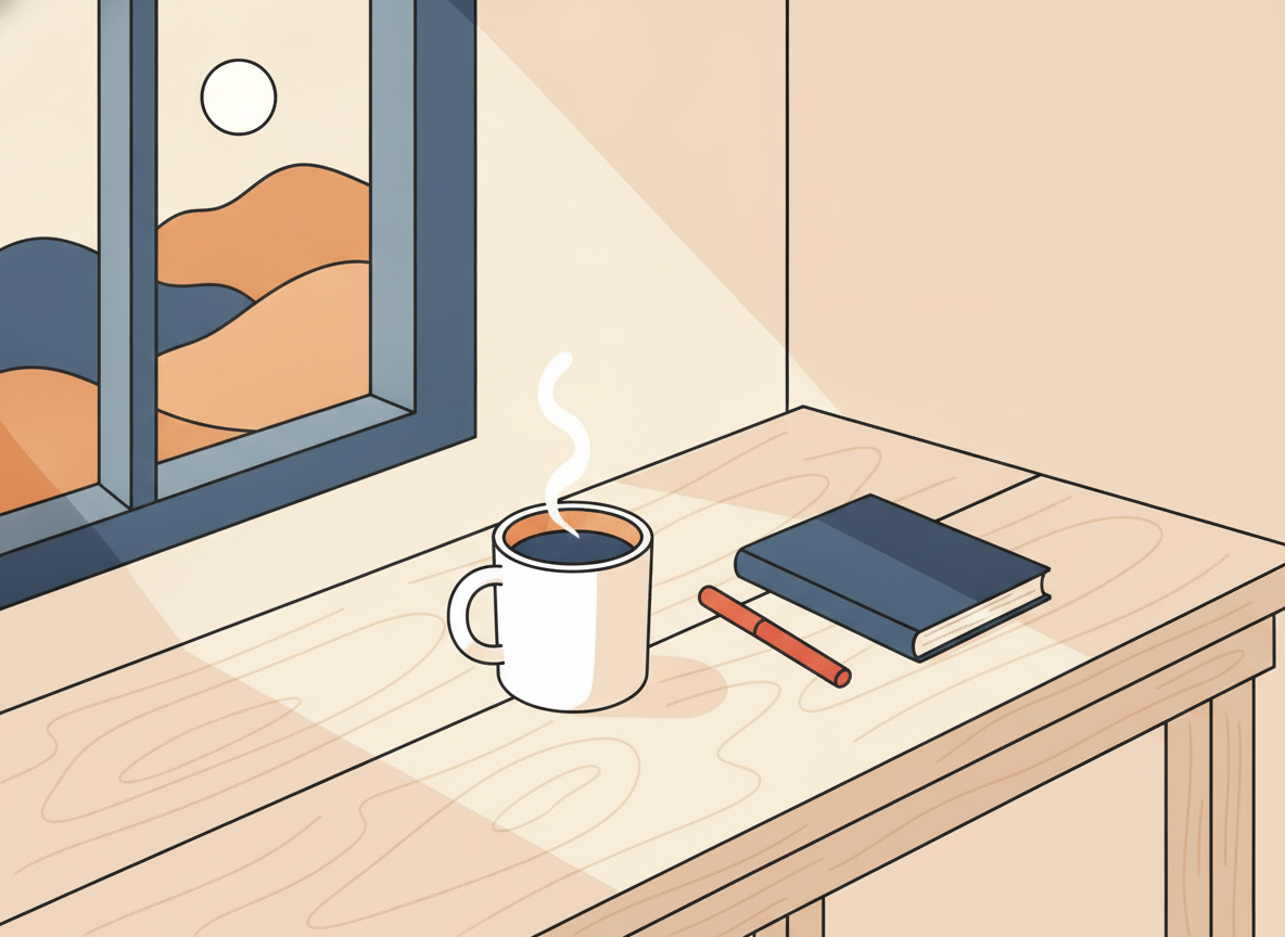 a calm morning wooden desk with a cup of coffee and a simple notebook, soft light, no text