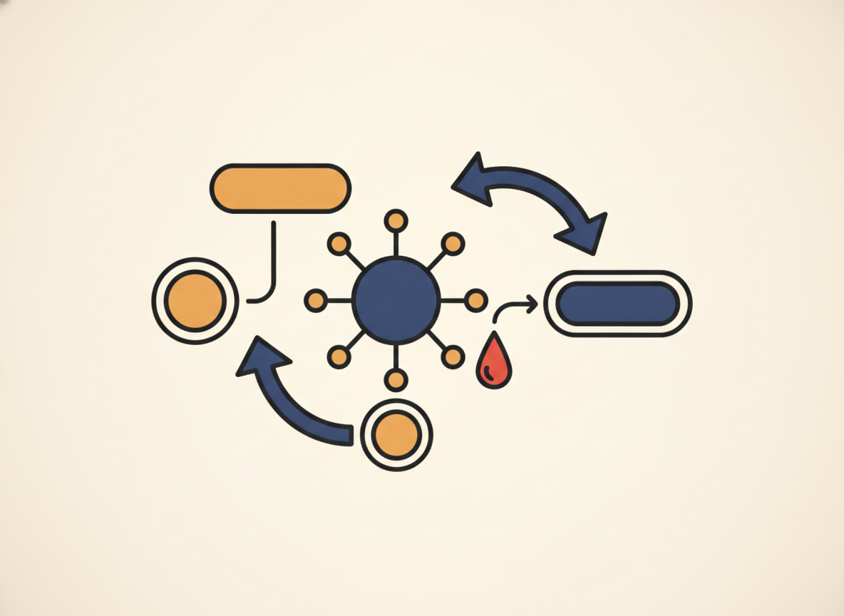 abstract flow diagram with circles and arrows on a light background, no text, minimal design