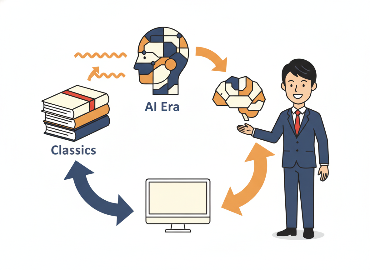結論をまとめたインフォグラフィック・AI時代と古典の関係を矢印で示す図