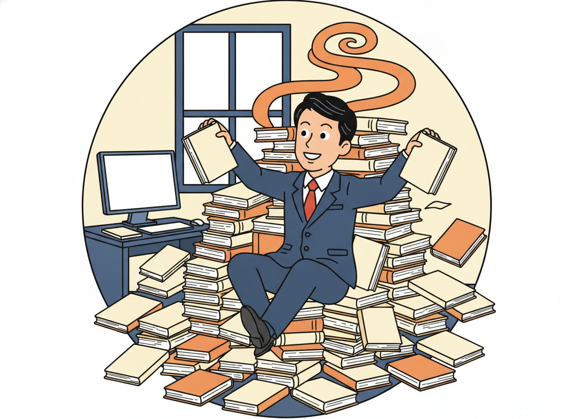 本の山に埋もれている経営者のイメージ・読んだだけで実践していない状態を表現