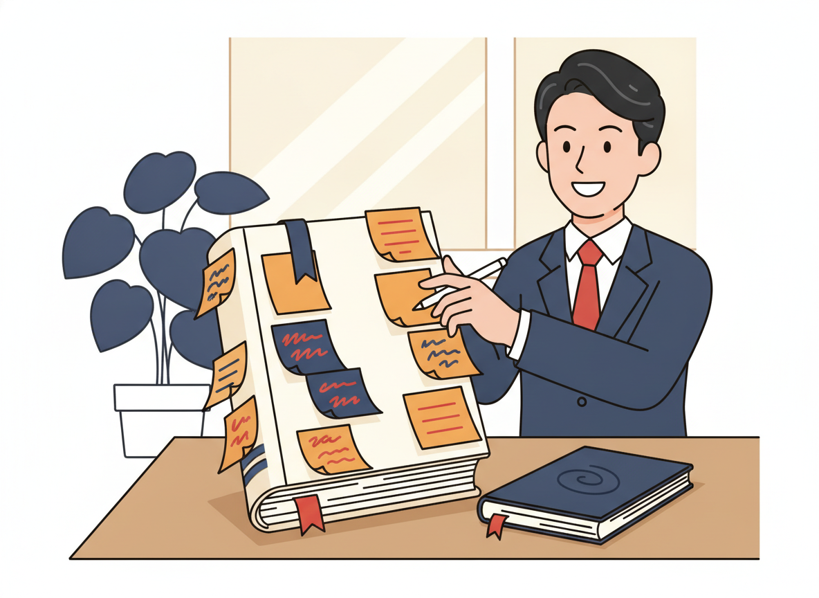 付箋と書き込みがびっしり入ったドラッカーの本・実際に使い込まれたビジネス書のイメージ