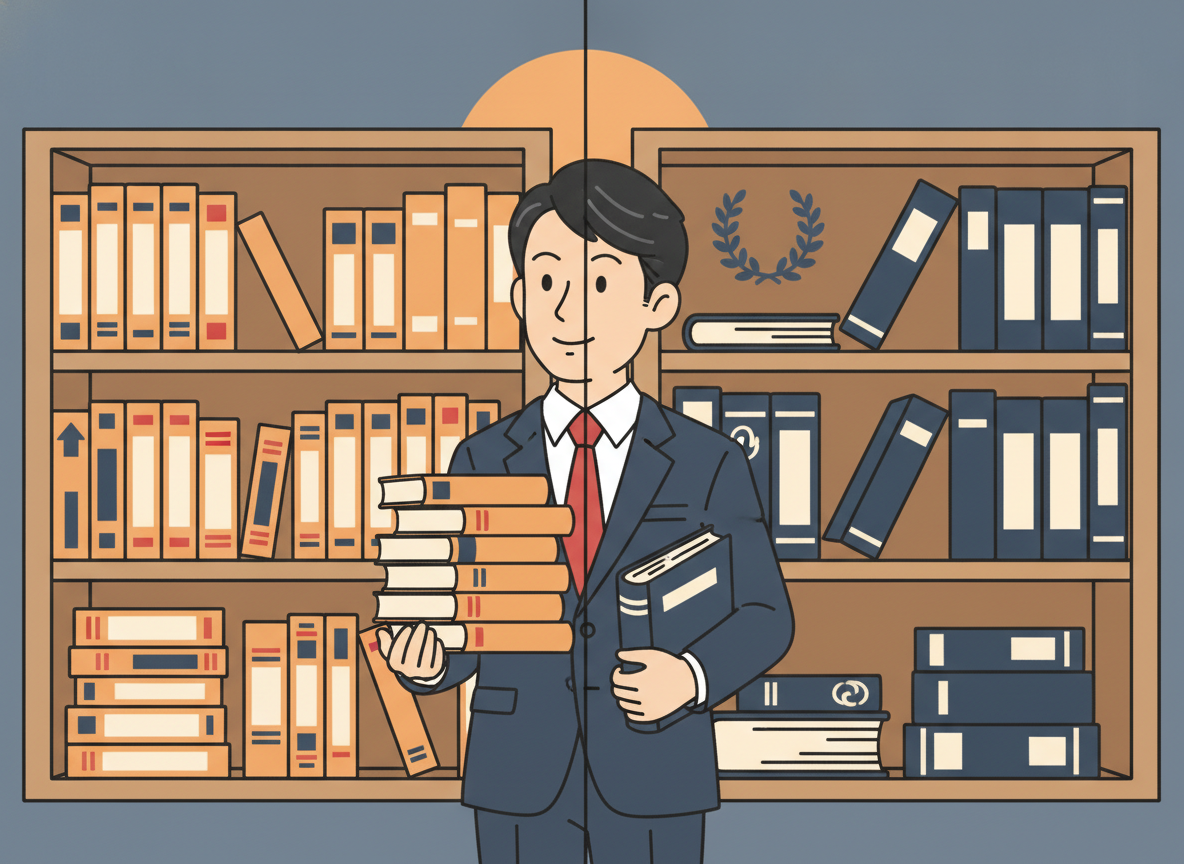 新刊ビジネス書と古典が並んだ書棚・対比を示すイメージ