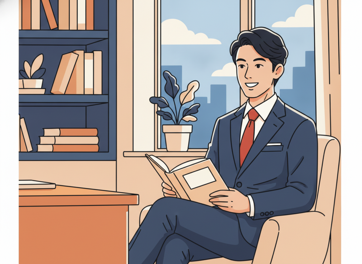 50代経営者が窓際で古典を読んでいるイメージ・落ち着いた書斎のシーン