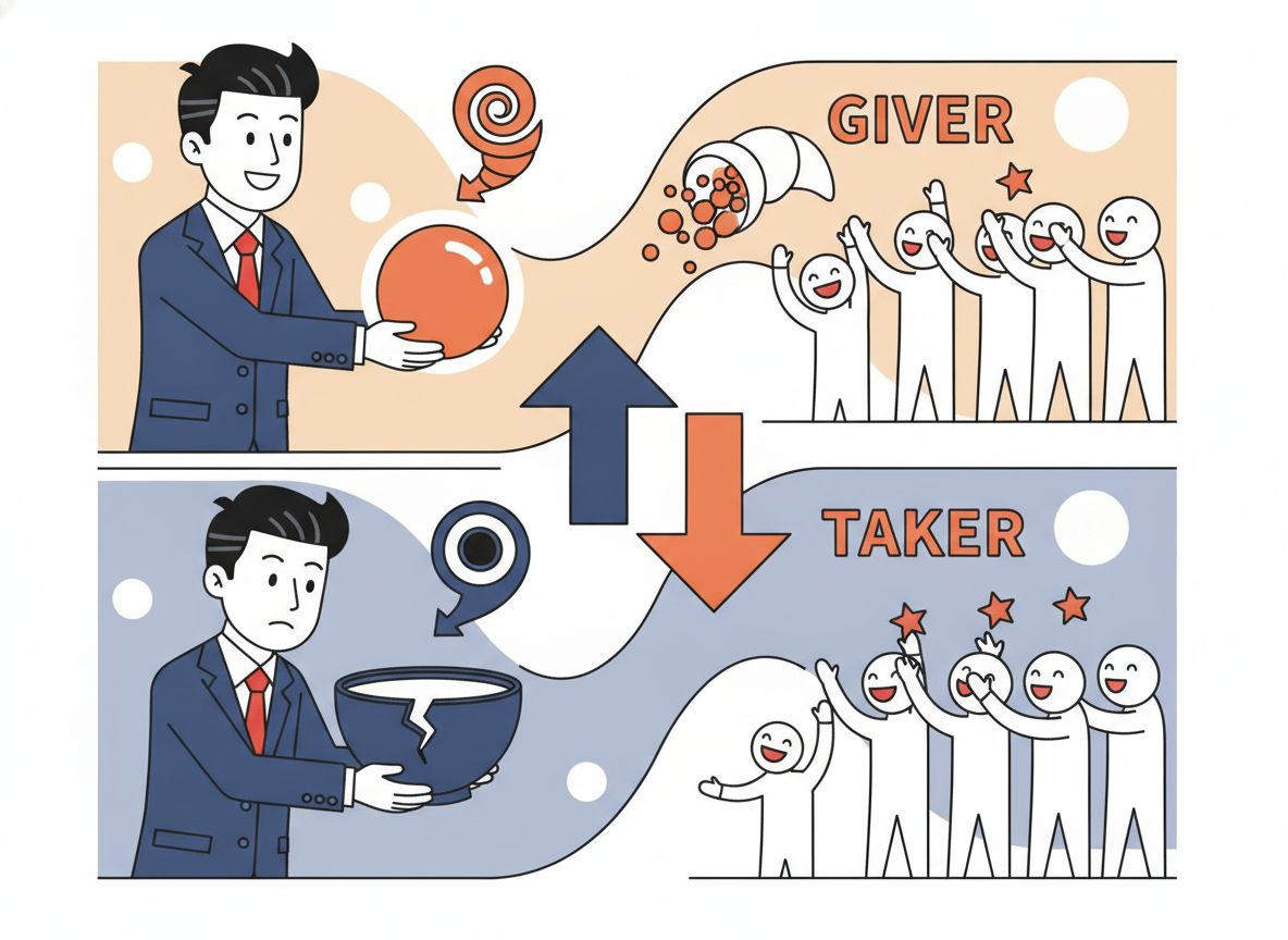 「GIVE&TAKE」の表紙・ギバーとテイカーの対比を示す図解のイメージ