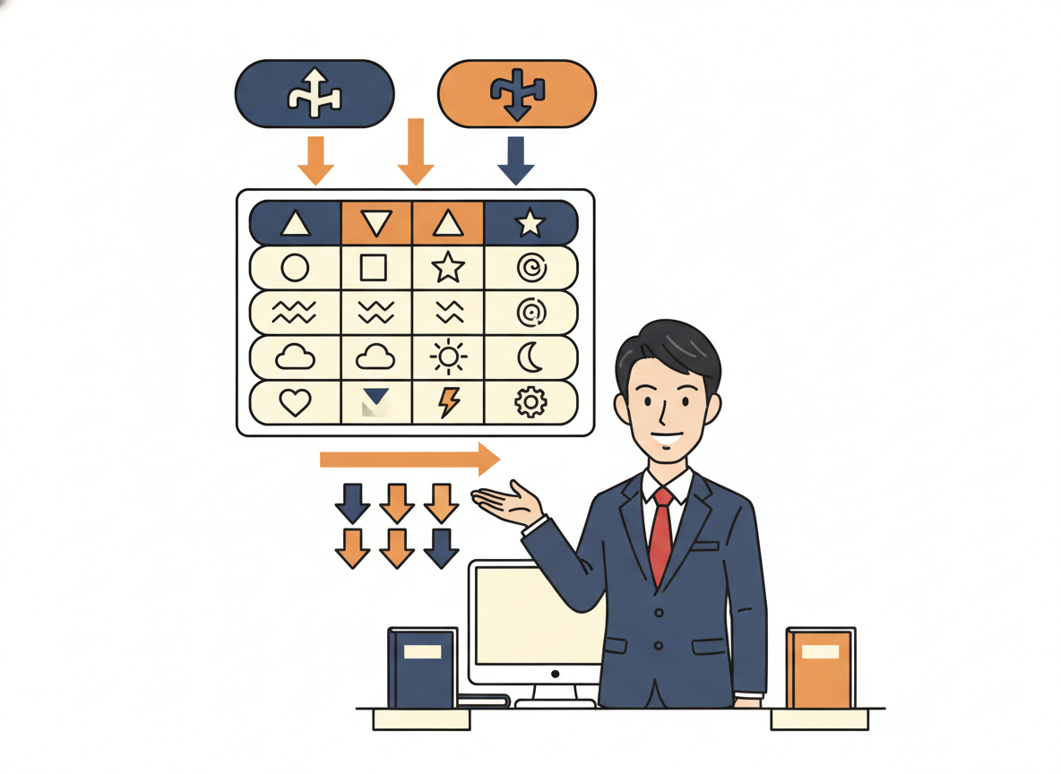 比較表の視覚的まとめ・読む順番を矢印で示したフローチャート風イメージ