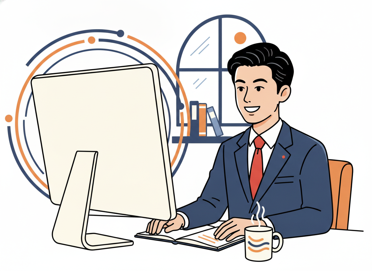 WOBSのオンライン講座イメージ・パソコン画面で受講している40代50代経営者の様子