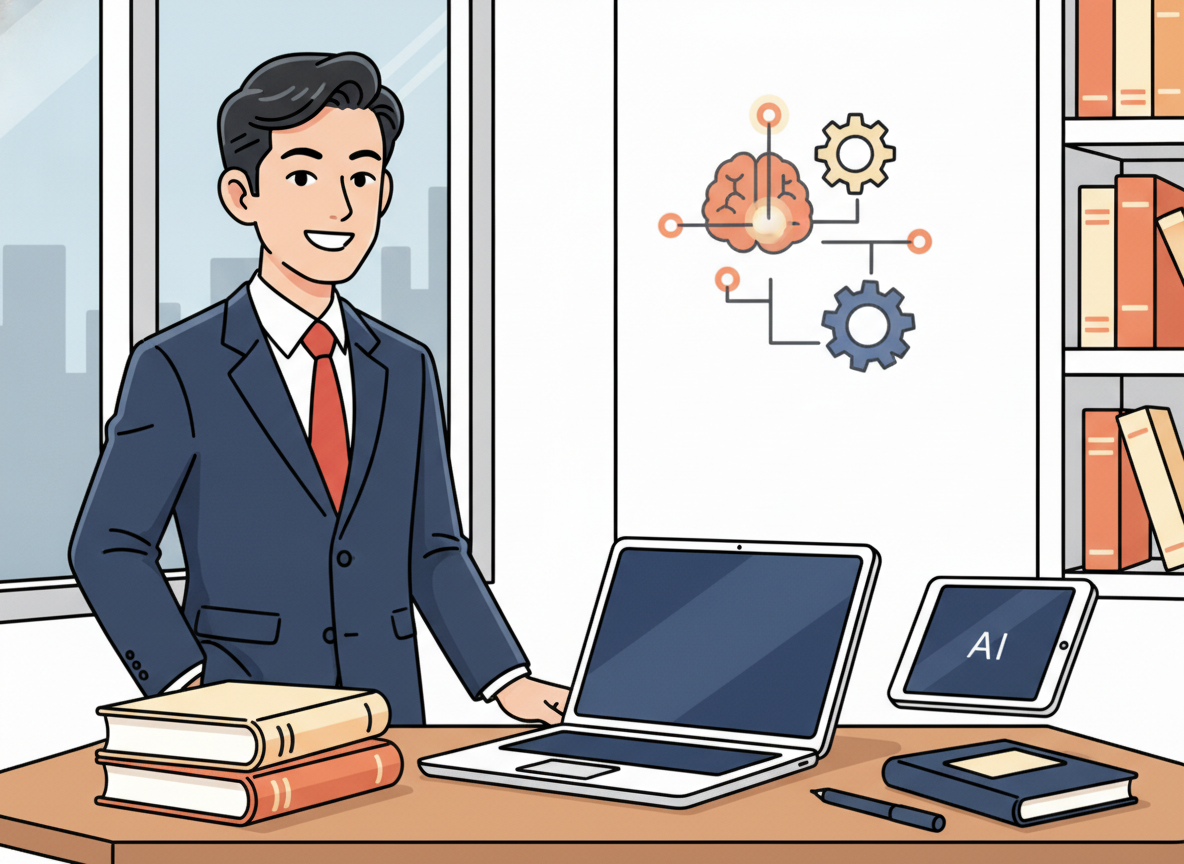 3冊の古典とAIツールが共存している未来の書斎イメージ・本とパソコンが机に並んでいる