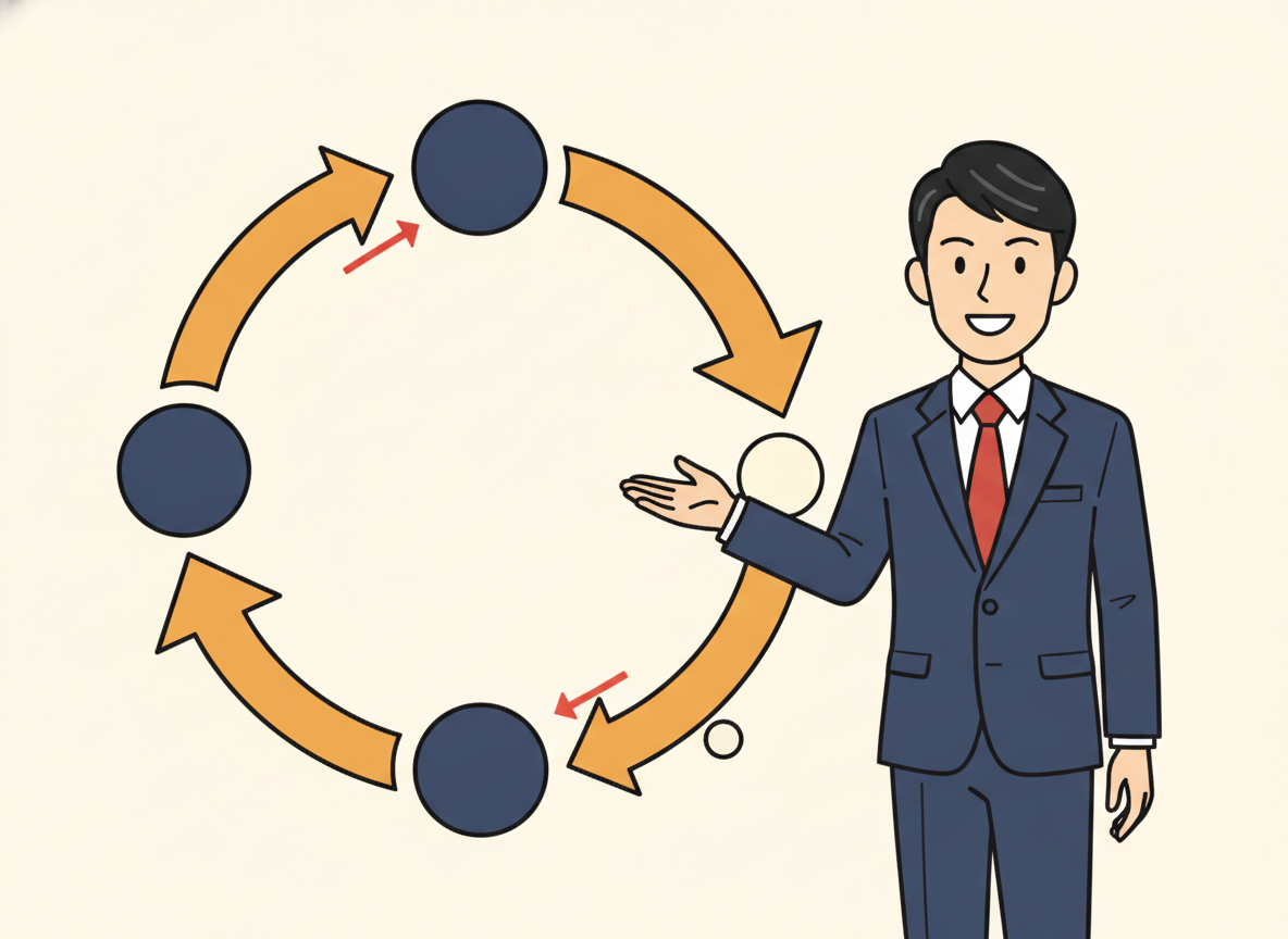 abstract circles and arrows representing a workflow system on a light background