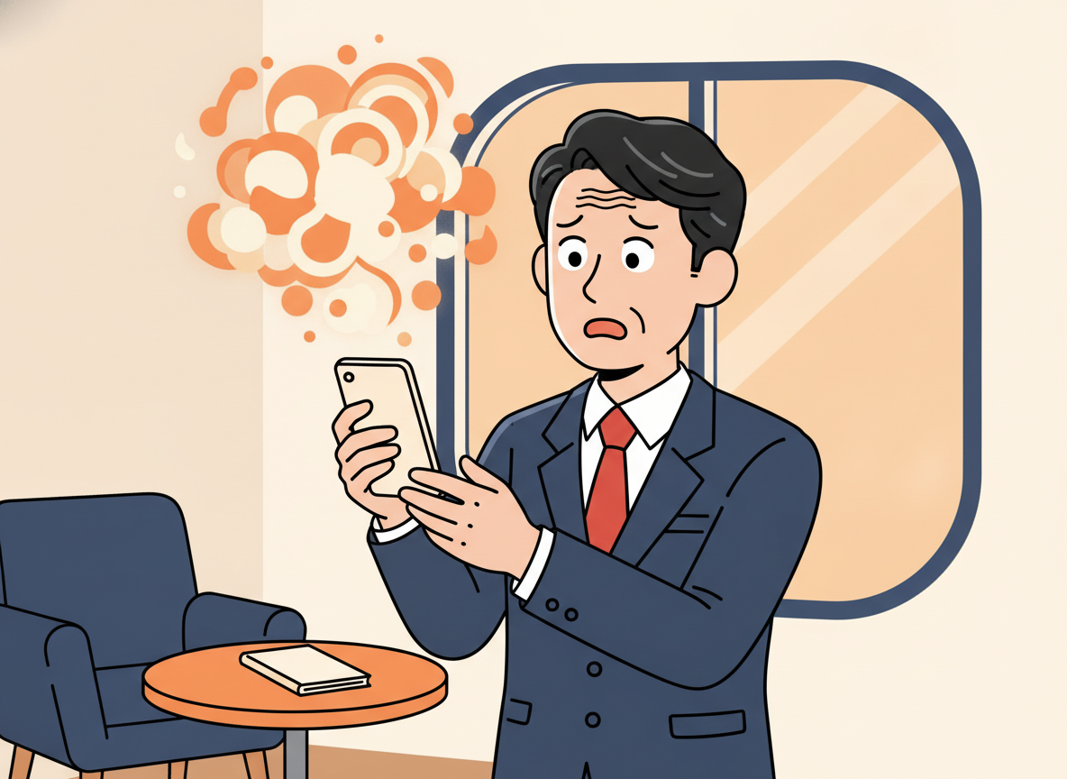 a person holding a smartphone, looking slightly overwhelmed, warm indoor lighting