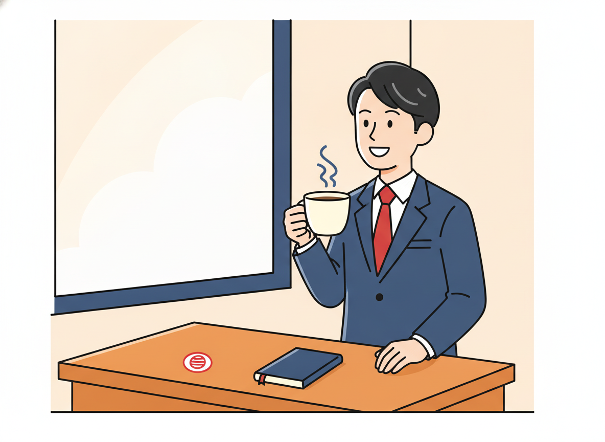 a wooden desk with a coffee cup and a small notebook, calm morning atmosphere