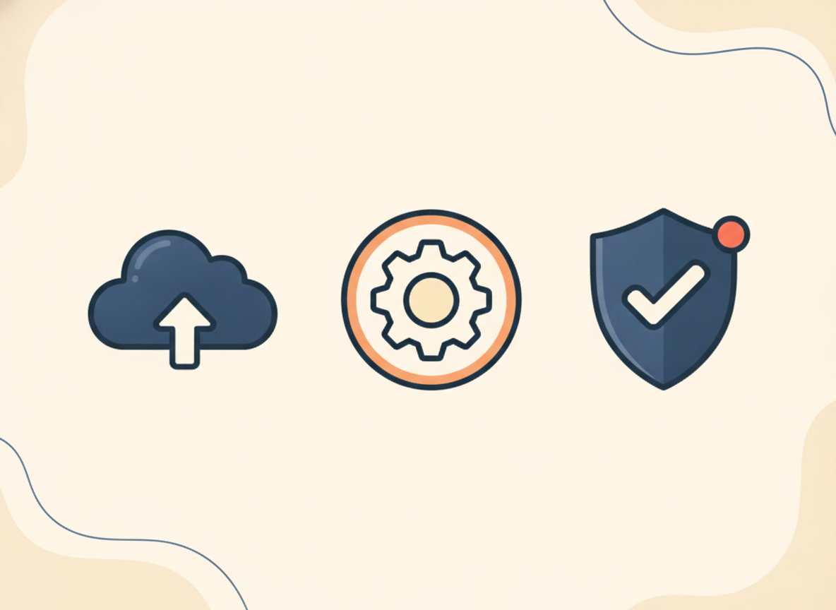 three simple icons arranged horizontally representing different digital tools, flat design style