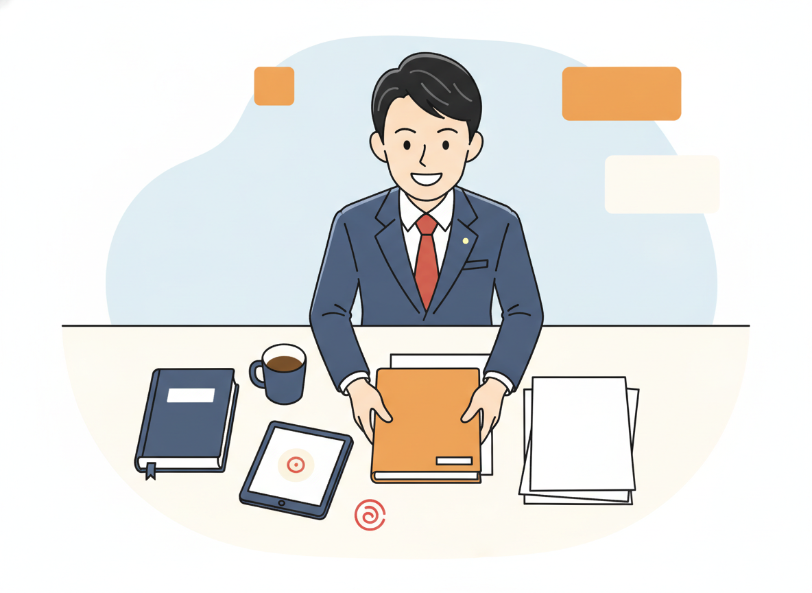 a calm person organizing items on a clean desk, top-down view, no text