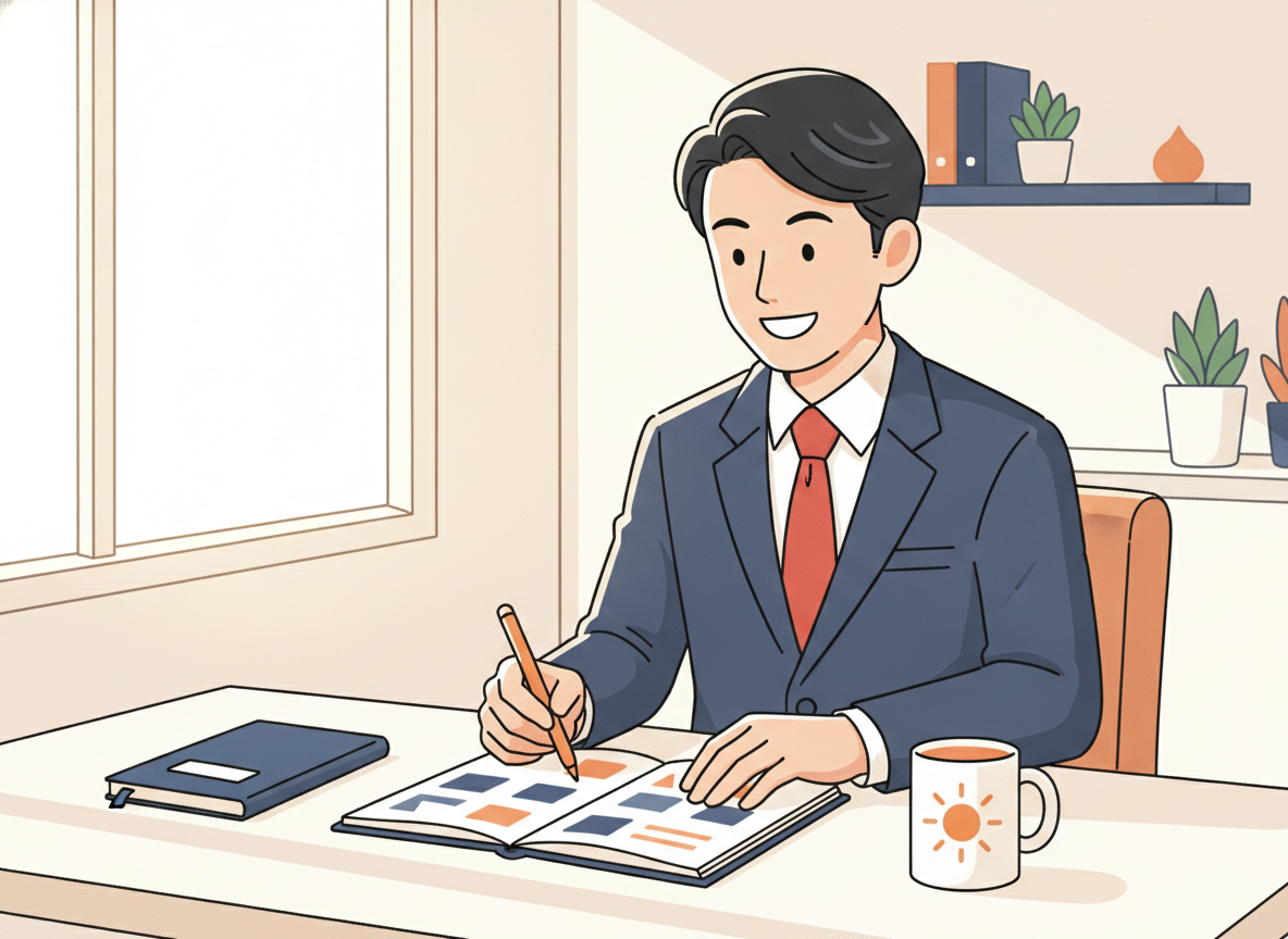 a person checking a simple calendar or planner at a desk, morning light, no screen text