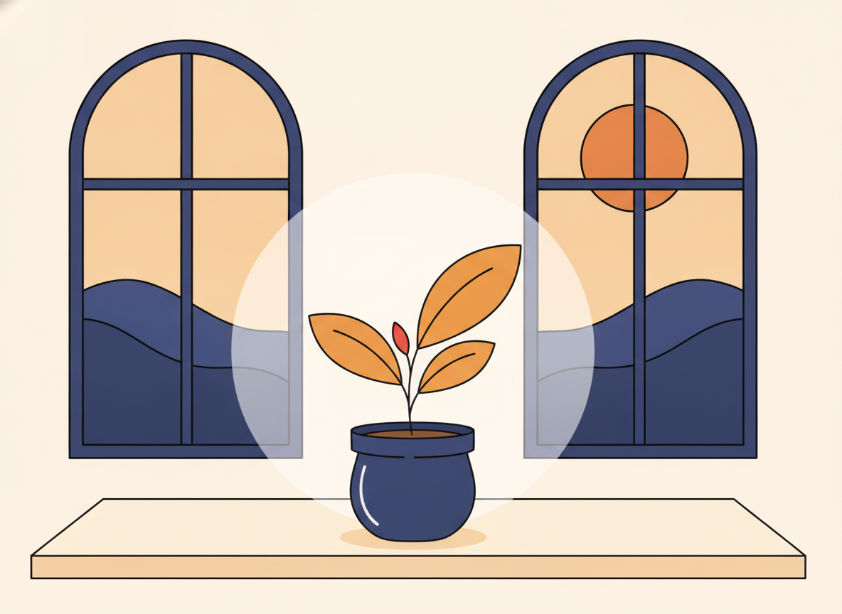 a small plant growing steadily in a simple pot on a sunny windowsill