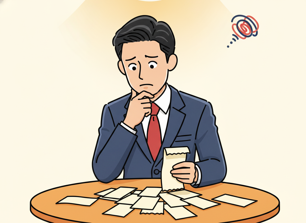 a person looking at receipts with a slightly puzzled expression, soft indoor lighting