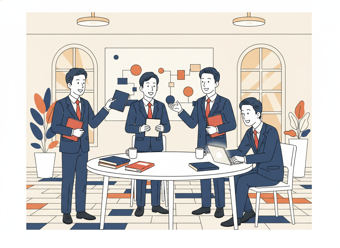 a group of people in a bright open workspace, collaborative atmosphere, no screen text
