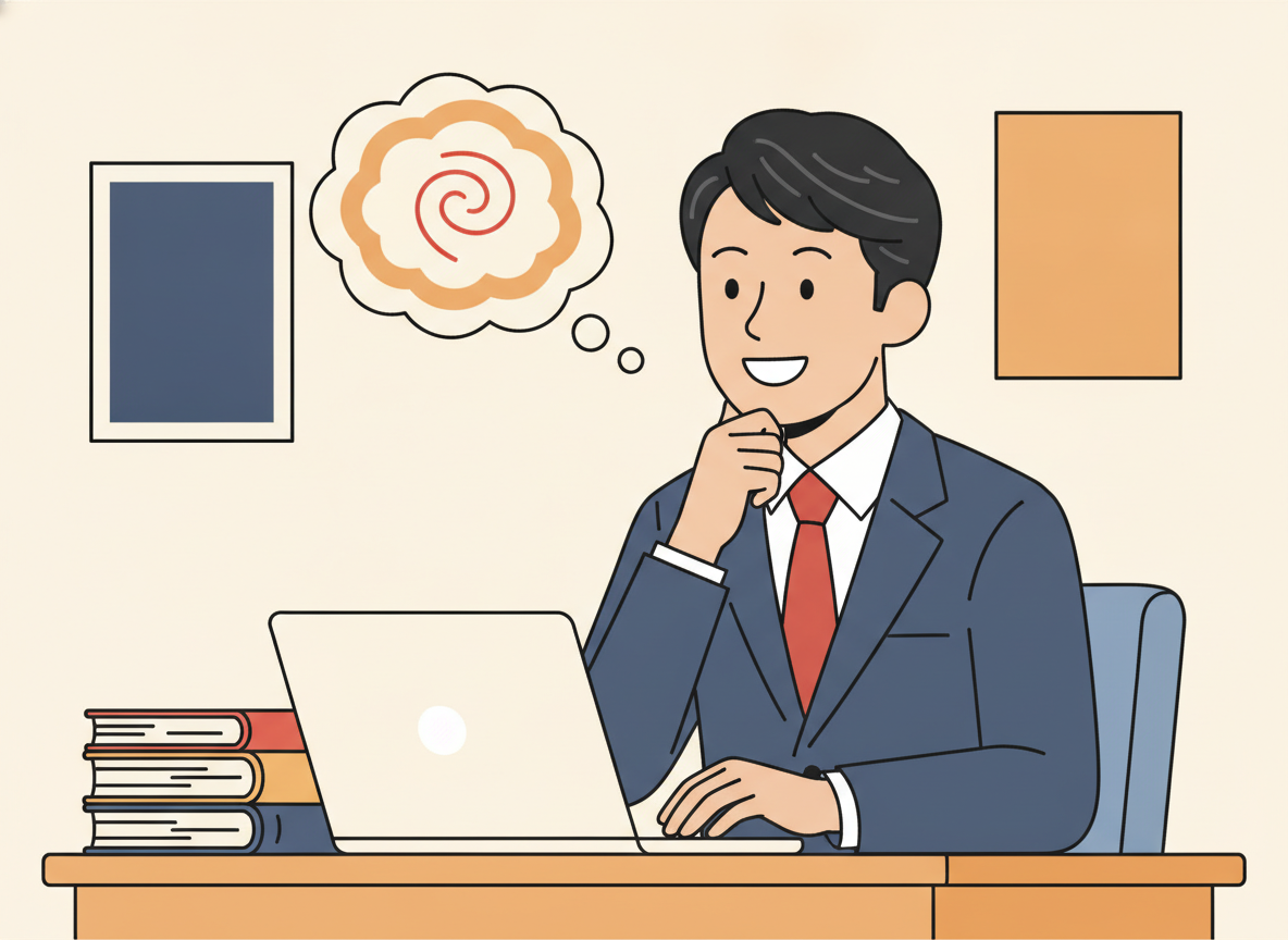 経営者がPCに向かいながら考え込んでいるイメージ写真