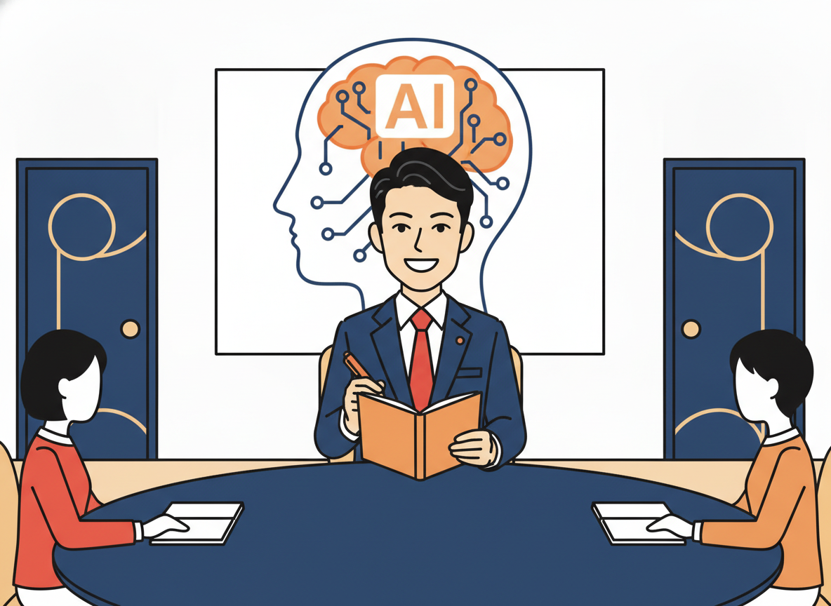 会議室でメモを取る人のイメージ、上にAIのアイコンが重なったグラフィック