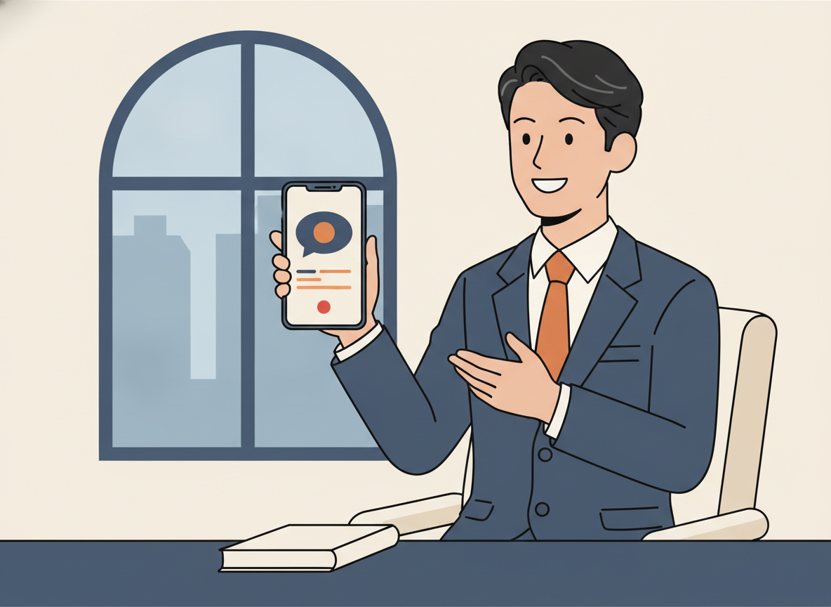 チャットボットのUIイメージ、経営者がスマホで確認している場面