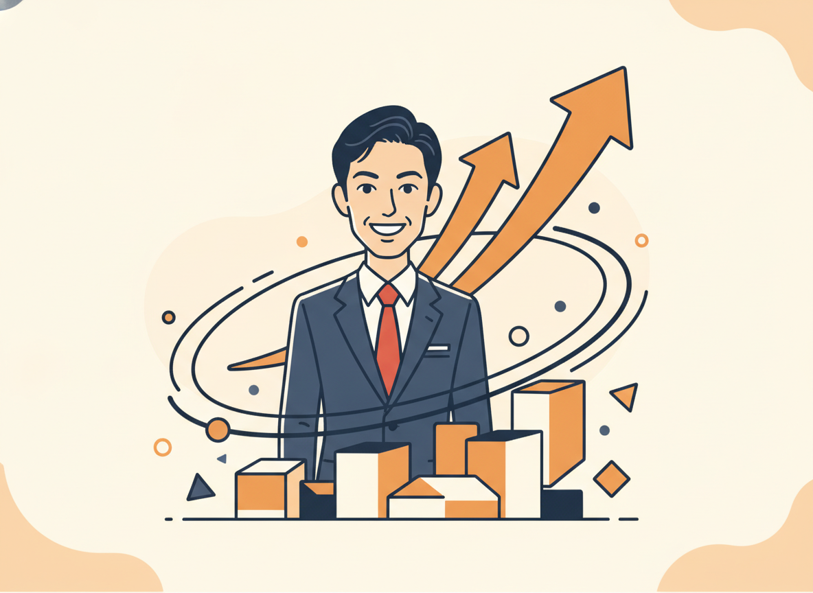 試行錯誤を繰り返す人のイメージ、ステップアップする矢印