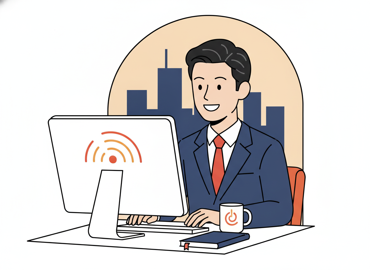 WOBSのオンライン講座イメージ、経営者がオンラインセミナーを受けている場面