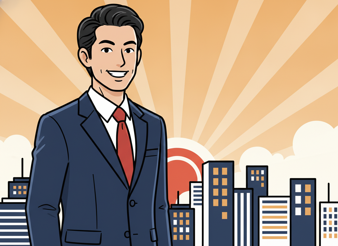 a confident person standing at a sunrise overlooking a city skyline