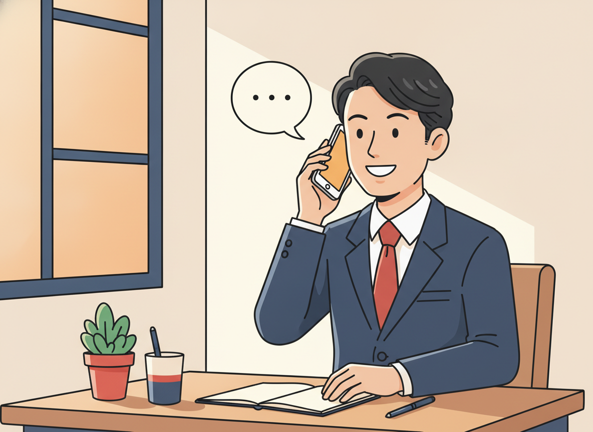 a person receiving a phone call at a wooden desk in morning light