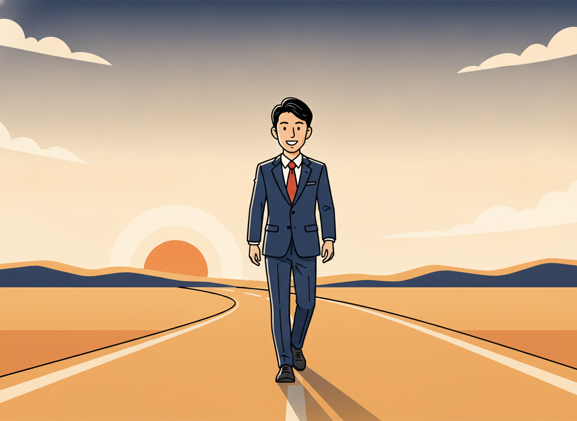 a person walking forward on an empty road at dawn with long shadows