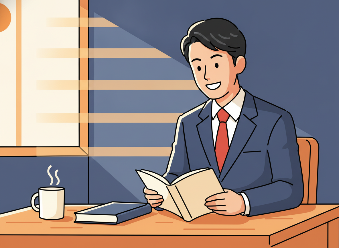 a person reading thoughtfully at a quiet wooden desk with morning light