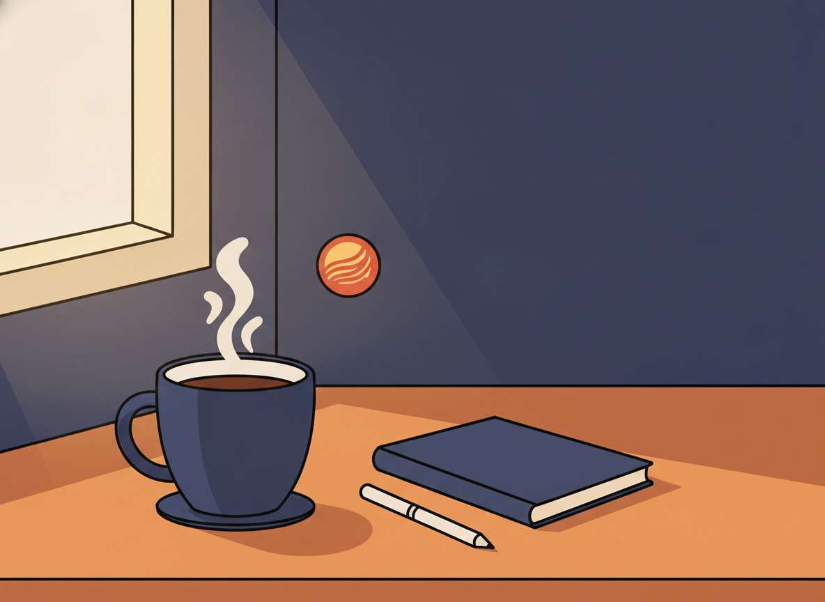 a calm wooden desk in morning light with a cup of coffee