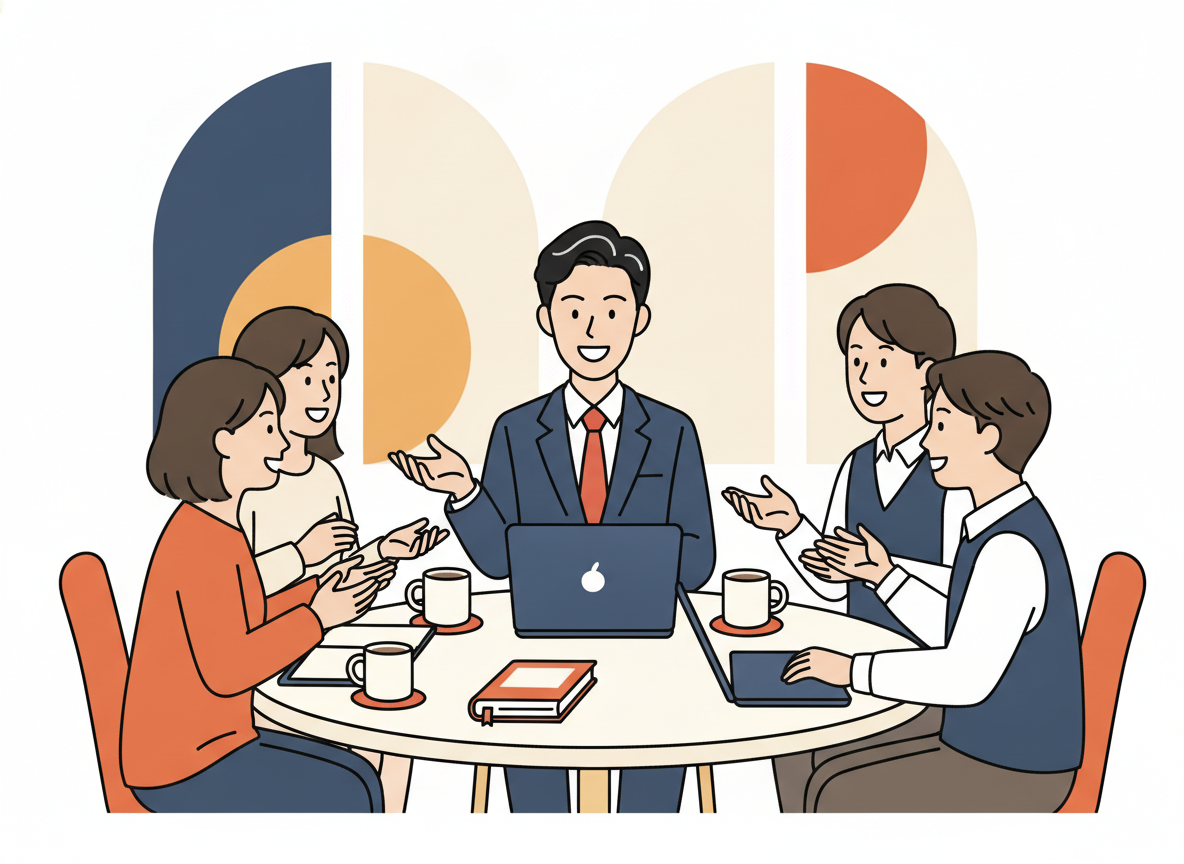 a group of people gathered around a table in discussion, warm lighting, no text