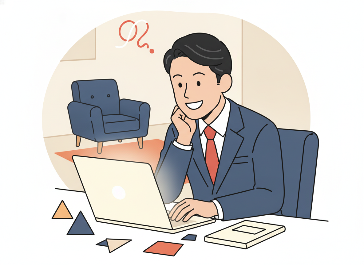 悩むひとり社長のイラスト・パソコンの前で考え込む40〜50代男性