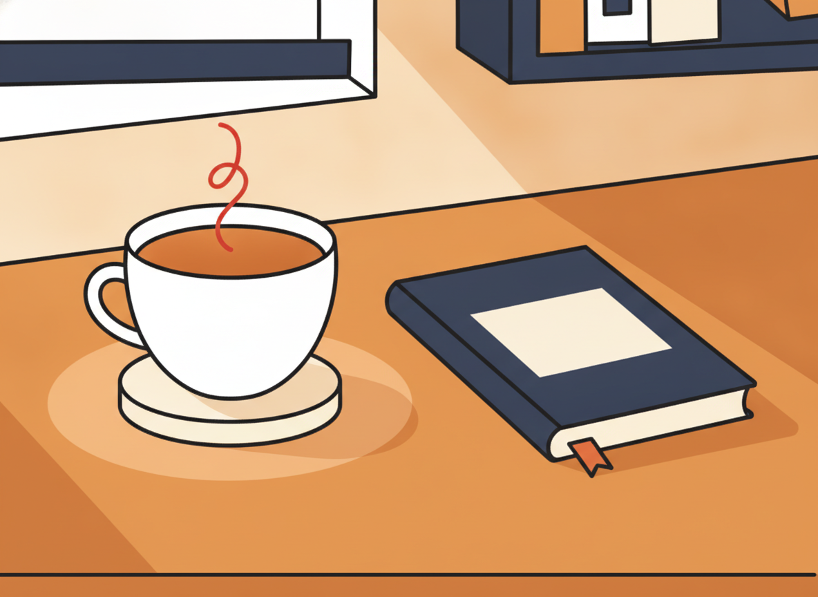 a wooden desk with a cup of coffee in early morning light, minimal and calm