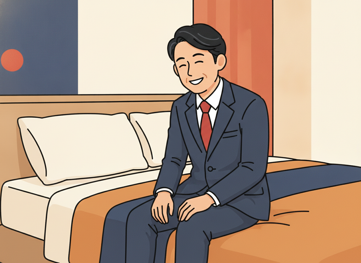 a person looking tired sitting on a hotel bed, abstract mood, no text
