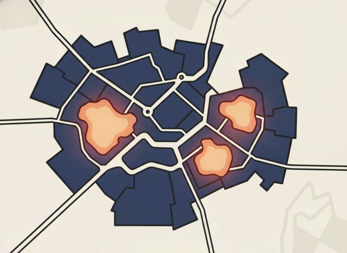 abstract top-down view of a city map with three highlighted spots, no text, geometric