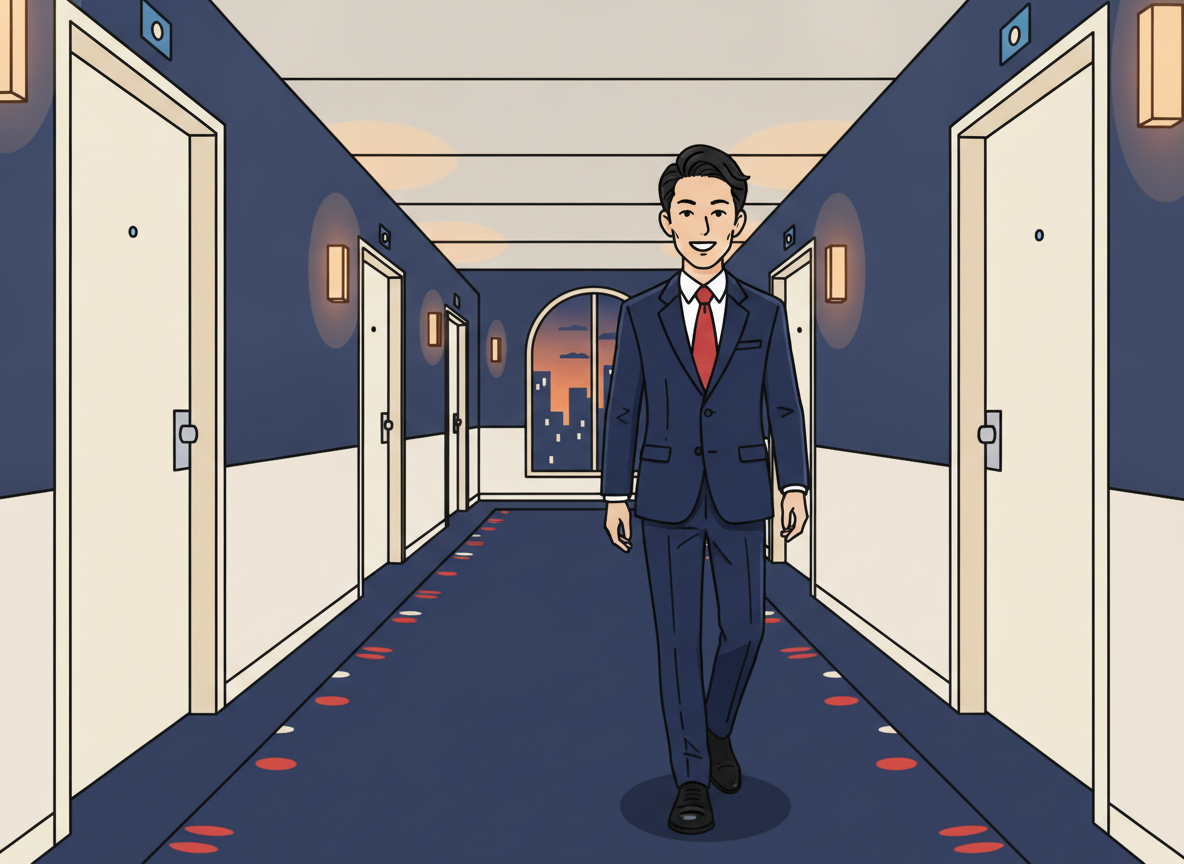 a high-rise hotel corridor in soft evening light, elegant and minimal, no text