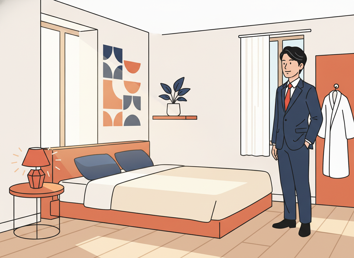 a tidy minimalist hotel room with natural morning light, clean and simple, no text