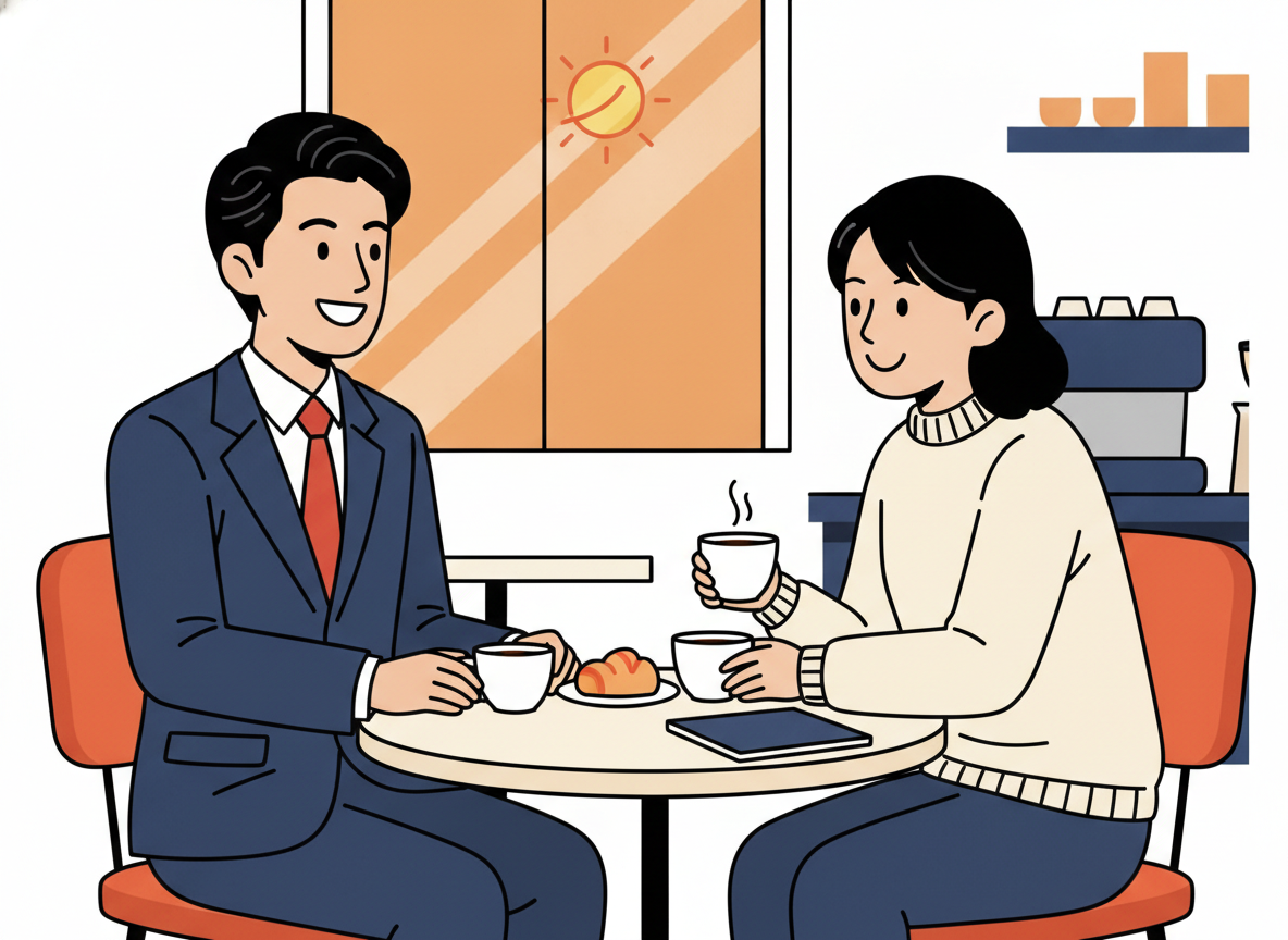 two people having a casual conversation at a coffee shop, warm light, abstract mood