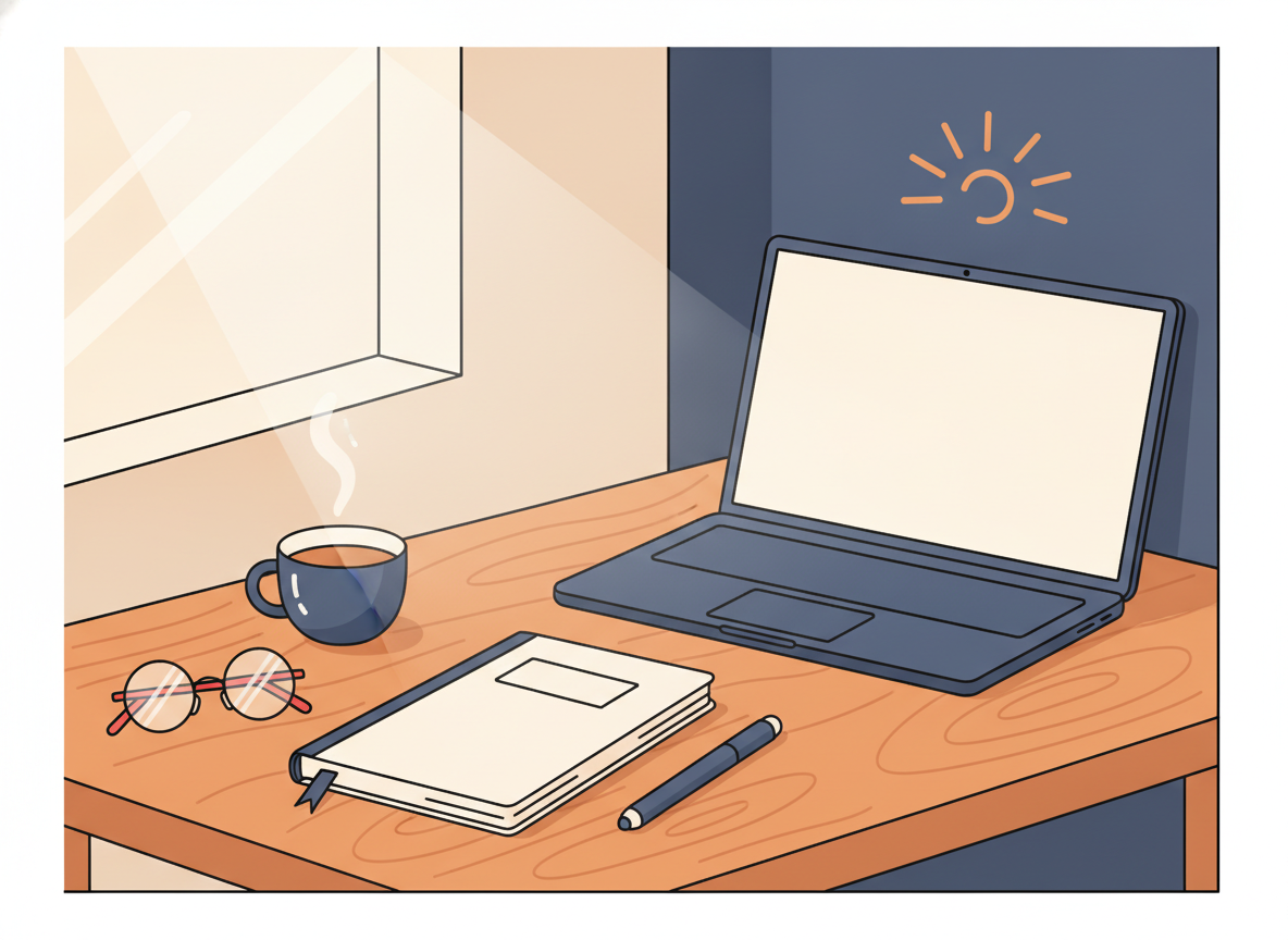 a wooden table with a few personal items neatly arranged, calm morning atmosphere