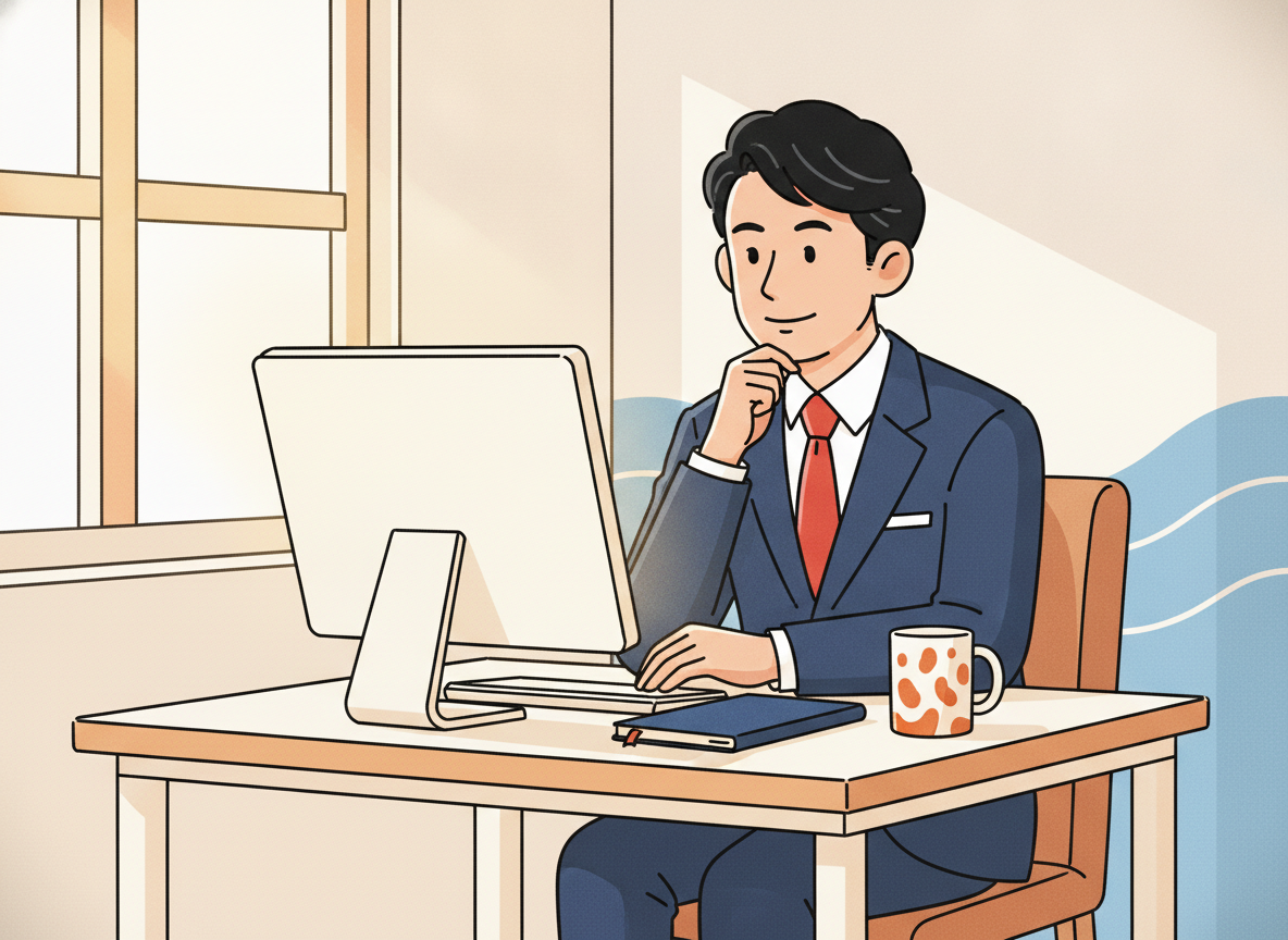 a calm person sitting at a desk thinking, natural light, no text
