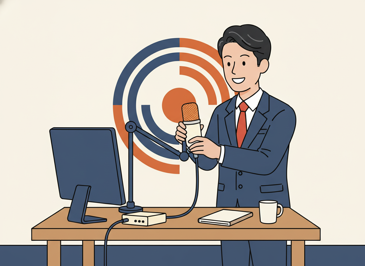 コンデンサーマイクをデスクに設置している様子