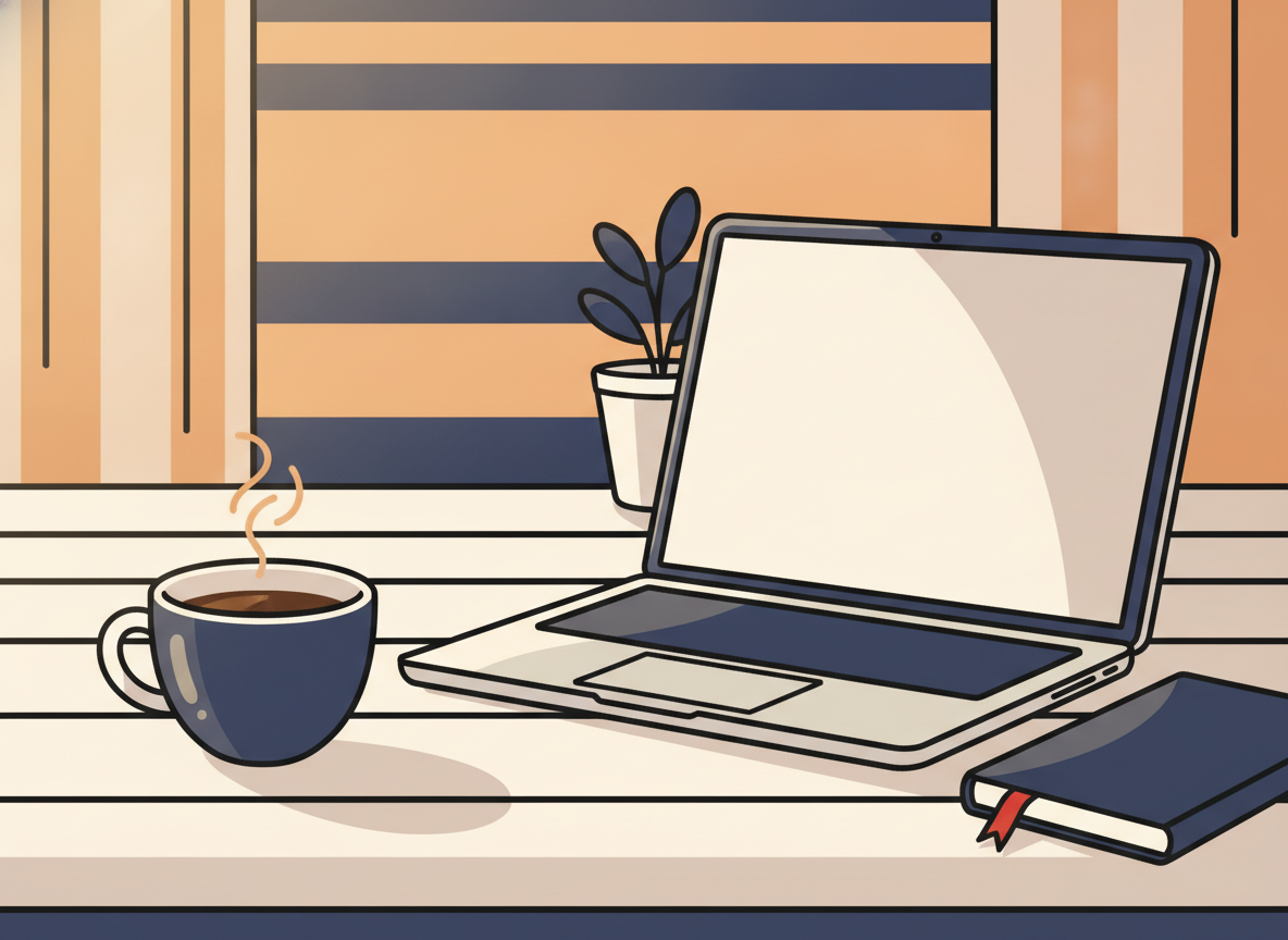 a calm morning wooden desk with a coffee cup and an open laptop, warm light