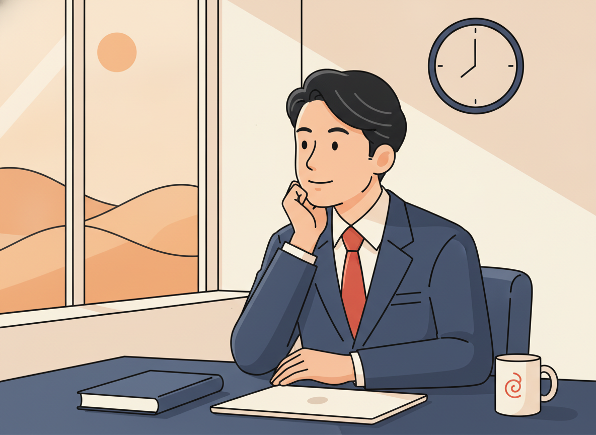 a person sitting at a desk thinking, looking out a window, soft afternoon light