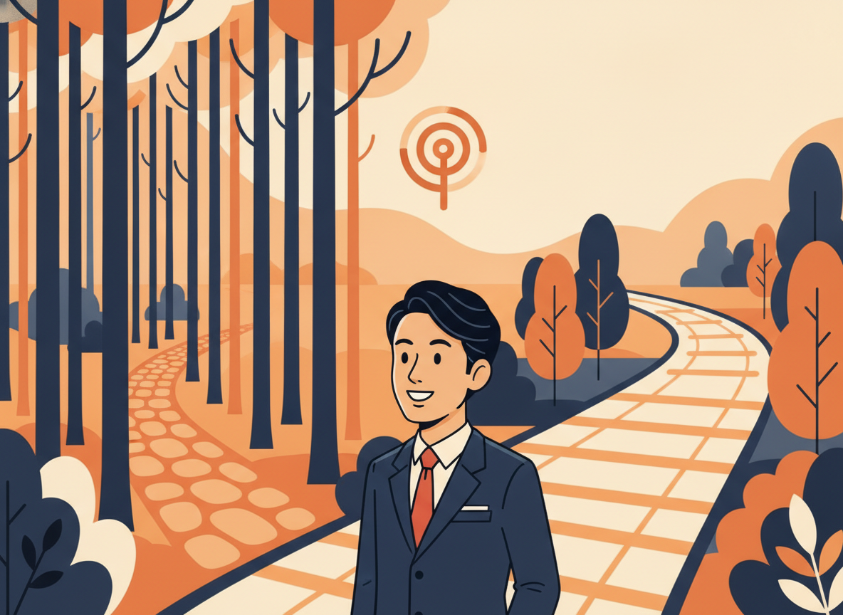 two paths diverging in a forest, one narrow one wide, abstract digital illustration