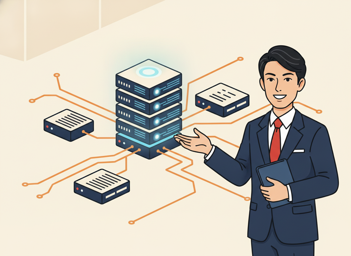 abstract server infrastructure with glowing blue lines, minimalist technology illustration